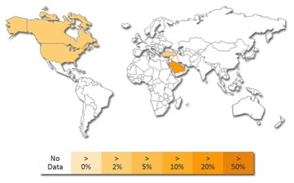 Mapa mostra países atingidos pela campanha de phishing.